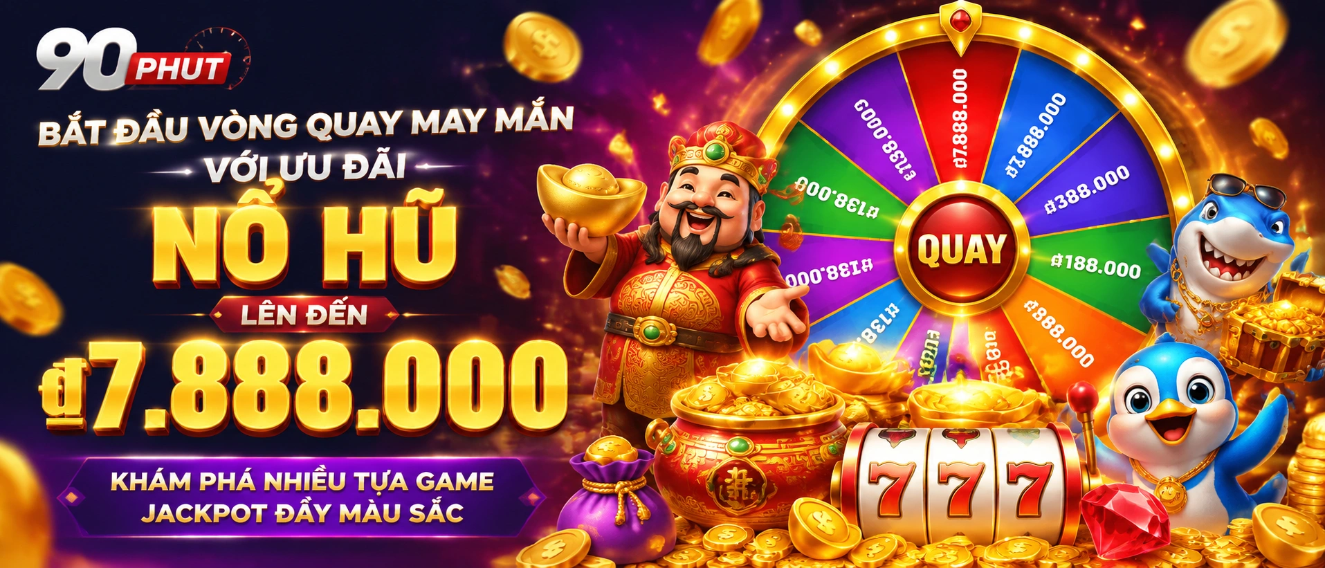 Giao diện Nổ Hũ lễ hội của 90Phut với banner ưu đãi tân thủ