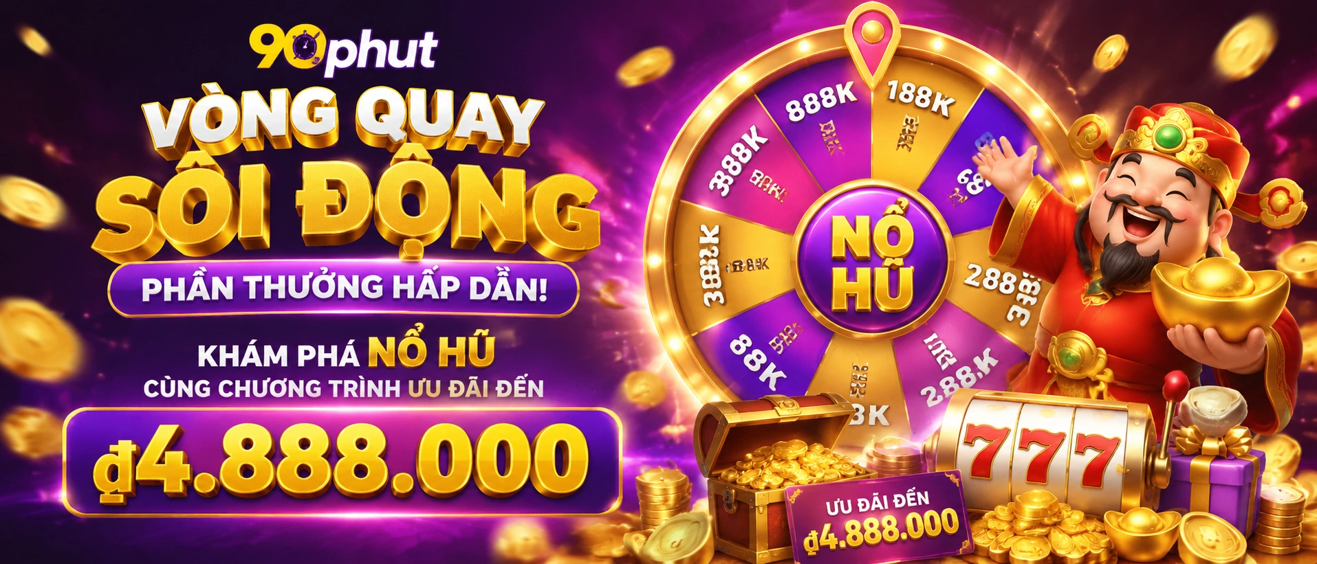 Khung giao diện Nổ Hũ lễ hội 90Phut với bố cục game và ưu đãi